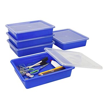 Storex Letter Size Flat Storage Tray Organizer Bin with NonSnap Lid for Classroom Office and Home Blue 5Pack 62536A05C