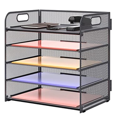 Supeasy 5 Trays Paper Organizer Letter Tray with HandleMesh Desk File Organizer Grey Paper Sorter Desk Organizer for Office Home or School
