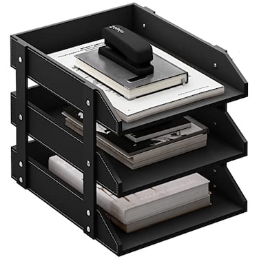 Thipoten Leather Desk Organizer 3Tier Stackable Letter Tray Holder for Office Supplies Paper File Magazine Perfect Office Organization for Desktop Black3Tiers