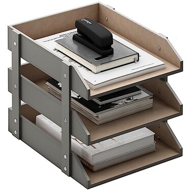 Thipoten Leather Desk Organizer 3Tier Stackable Letter Tray Holder for Office Supplies Paper File Magazine Perfect Office Organization for Desktop Grey3Tiers