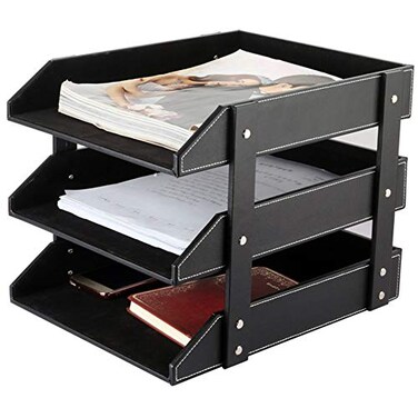 RHCSZ Leather Desk File Organizer 3Layer Stackable Tray Used to Store documents folders Stationery Magazines Newspapers Letters and Other Home Office Sundries Desktop Organization HolderBlack