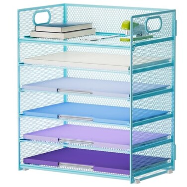 Marbrasse 6 Tier Paper Organizer Letter Tray Mesh Desk File Organizer with Handle Paper Sorter for LetterA4 Office File Folder Holder Blue