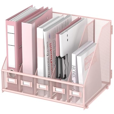 SUPEASY Desk Organizers Metal Desk Magazine File Holder with 5 Vertical Compartments Rack File Organizer for Office Desktop Classroom Home Workspace Pink Plus
