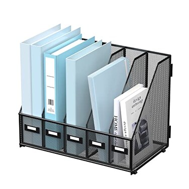SUPEASY Desk Organizers Metal Desk Magazine File Holder with 5 Vertical Compartments Rack File Organizer for Office Desktop Classroom Home Workspace Black
