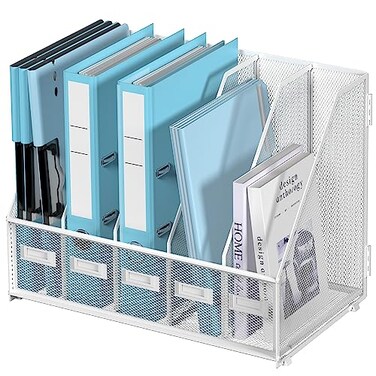 SUPEASY Desk Organizers Metal Desk Magazine File Holder with 5 Vertical Compartments Rack File Organizer for Office Desktop Classroom Home Workspace White Plus