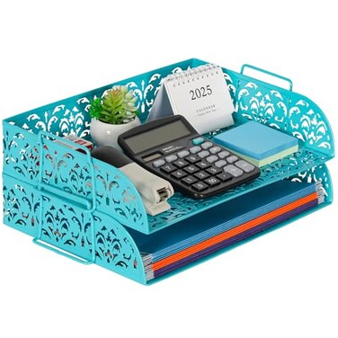 EasyPAG Paper Organizer for Desk 2 Tier Stackable Paper Tray for A4 Legal Size Folders Metal File Storage Desktop Organizer for Home Office School Teacher Dark Teal