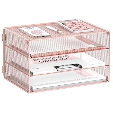 DALTACK 3 Tier Letter Tray Paper Organizer for Desk Mesh Metal Desk File Organizer with Sliding Trays for LetterA4 Paper Mail Bills Folders Pink