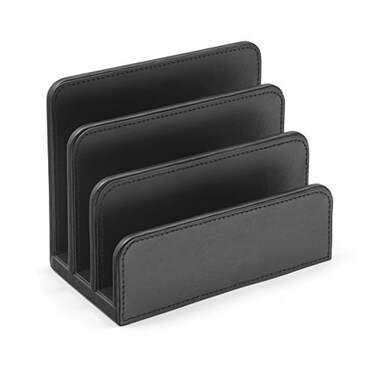 OSCO Black Faux Leather Letter Holder Mail Sorter Post Rack Envelope Organiser Document Stand Desk File Storage Display Slots H14 x W175 D10 cm