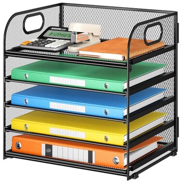 Lavatino 5 Tray Desk File Organizer Black Mesh Paper Sorter Letter Tray Organizer with Handle Desktop File Organizer and Storage for LetterA4 Office File Folder