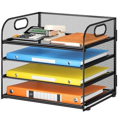 Lavatino Paper Organizer for Desk 4Tier Desk Organizer Tray Mesh Desktop File Organizers with Handle Office Classroom Organization and StorageBlack