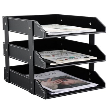 KINGFOM Letter Tray Leather Paper Organizer Tray Wooden Desk File Holder Desktop File Stackable Magazine Holder Mail Sorter Great for Home or Office 3 Level Black