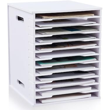 Juexica 12 Tier 85 x 11 Scrapbook Paper Organizer White Cardstock File Organizer with Adjustable Shelves Stackable Paper Trays Desktop Storage Rack Document Holder for Desk Home Office