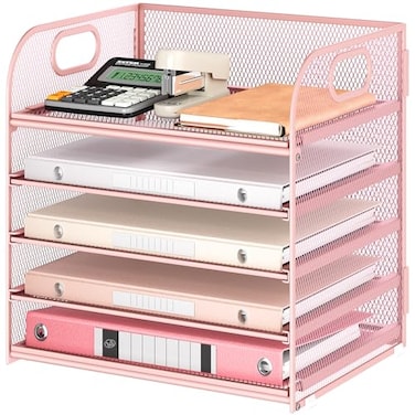 Lavatino 5 Tray Paper Organizer Letter Tray with Handle Mesh Desk File Organizer Paper Sorter Organizer for Office Home or School File Folder Holder Pink