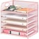 Lavatino 5 Tray Paper Organizer Letter Tray with Handle Mesh Desk File Organizer Paper Sorter Organizer for Office Home or School File Folder Holder Pink