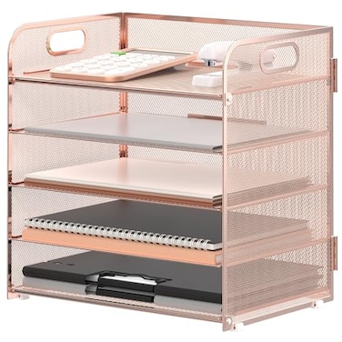 Supeasy 5 Trays Paper Organizer Letter Tray with HandleMesh Desk File Organizer Paper Sorter Desk Organizer for Office Home or School Rose Gold