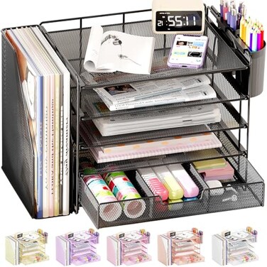 OPNICE Desk Organizer 5Tier Paper File Organizer with Drawer Pen Holder Office Desk Accessories Workspace Desktop Organizer for Office SuppliesBlack