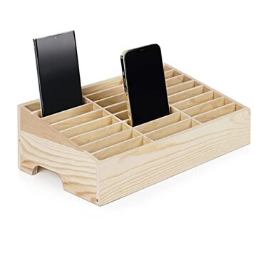 Lzttyee Wooden 24Grid Cell Phones Storage Box Desktop Mobile Phone Holder Organizer for Office School Classroom 24Grid