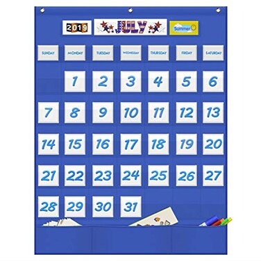 Eamay Classroom Monthly Calendar Pocket Chart with 43 Pocket 3 Storage Pockets for Easy Wall or Stand Chart Blue