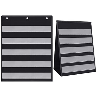 Eaasty 2 Pieces Table Top Pocket Chart Stand for Classroom Double Sided Table Top Pocket Chart Wall Words Classroom Pocket Chart for Daily Schedule Class Teacher Student Classroom Office HomeBlack