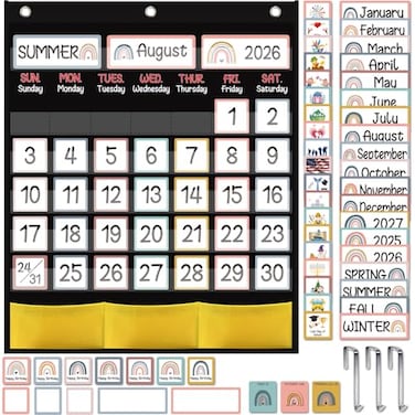 BelleAngle Black Classroom Calendar Pocket Chart with 89 Cards for Students Kids Large Classroom Calendar Pocket Chart for Home School Teacher Supplies Rainbow Theme