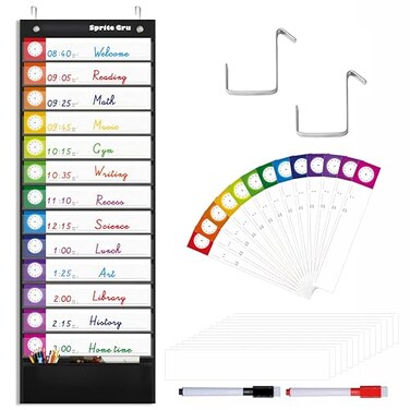 SpriteGru Daily Schedule Pocket Chart Classroom Charts with 131 Pockets 13 DoubleSided Reusable Colored Cards 13 Blank Ones and 2 OverDoor Mounting Hangers Include Black 13 x 36