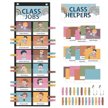 Pasimy Class Jobs Pocket Chart Class Helpers Pocket Chart Classroom Jobs Cards with Clips and Hooks Teachers Helper Bulletin Board Set for Back to School Classroom Teacher Supplies Boho