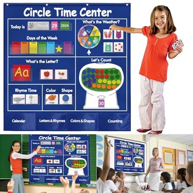 KIKIGOAL Circle Time Center Classroom Pocket Chart Educational Pocket Chart Teaching Materials Learning Calendar Weather Counting Letter Color Shape etc