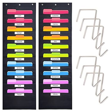 Hippo Creation Storage Pocket Chart for Classroom 10 Pocket Storage Organizer with 6 OverDoor Hangers Hanging Wall Organizer for File Folders School Mailbox Home Office Papers Black 2 Pack
