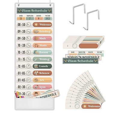 Godery Boho Daily Schedule Pocket Chart for Classroom with 24 CardsWelcome Back to School Classroom Decorations White
