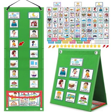 ALSLEA Visual Schedule for Kids with Autism Chore Chart for Kids Daily Routine Chart Autism Learning Materials Toddler Planning Board Visual Schedule for Classroom Home with 124 Cards Green