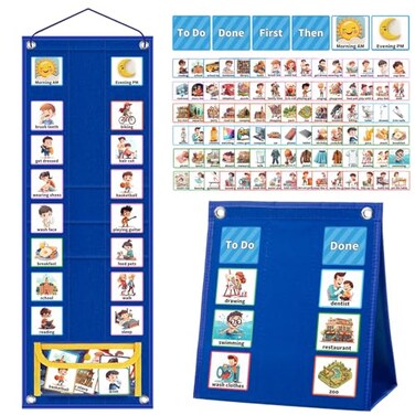 KIKIGOAL Kids Visual Schedule Calendar Chart 2 in 1 Autism Daily Chore Routine Chart with 96 Cards Autism Learning Materials Bedtime Routine for Toddlers Home School
