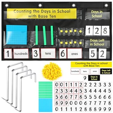 Resurhang Back to School Counting the Days with Base Ten Pocket Chart Place Value Counting Caddie Pocket Chart for Classroom Bulletin Board School or Home Decor 4 HooksBlackClassic Style
