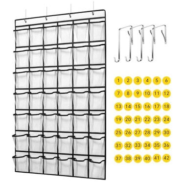 ANSTROUT 42 Clear Pockets Classroom Pocket Chart for Cell Phones and Calculator Pocket Chart Organizer for Classroom Phone Storage Holder with 42 Number Sticker and Hooks White