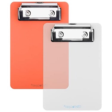 Wisdompro Mini Clipboard 2 Pack 4 x 6 Small Clip Boards for Notepads Memo Size Receipt Pocket Lists Transparent Orange