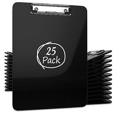 Kiggos 25 Pack Plastic Clipboards Black Clip Boards with Low Profile Metal 125 x 9 Inch Letter Size Bulk Class Set Black Acrylic Hanging Hook Holds 100 Sheets
