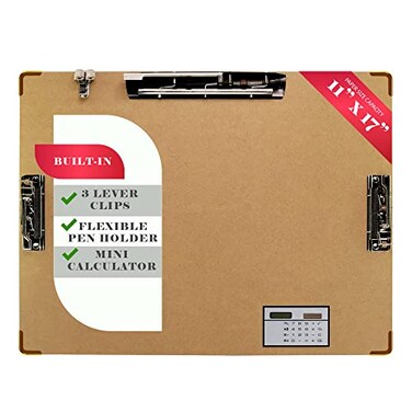 Performore 11x17 Hardboard Clipboard Engineered Wood Drafting Boards with 3 Lever Clips Builtin Calculator Portrait Format Writing Surface for Architects Engineers and Classrooms 1 Pack