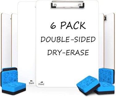 SCRIBBLEDO Dry Erase Clipboards Pack of 6 Durable DoubleSided 9x12 White Clipboard with 6 Dry Erase Erasers White Board Clipboard with Low Profile Clip for School Classroom and Home Use