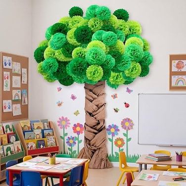 Mooliwe Classroom Tree Bulletin Board Set DIY 3D Cardboard Tree with Paper Pom Poms Kraft Craft Bulletin Board Wall 3D Decorations for School Elementary Teacher Chalkboard Green8 10 12 Inch