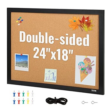 VEVOR Cork Board for Walls DoubleSided Cork 24 x 18 Bulletin Board Vision Board Push Pin Board with Framed for Office Home and School