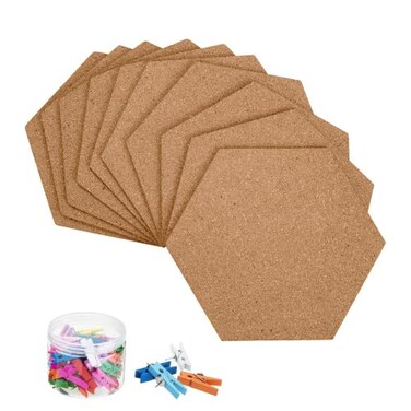 HBlife 10 Pack Hexagon SelfAdhesive Cork Board Tiles Mini Wall Bulletin Board with 50 MultiColor Push Pins 12 x 10