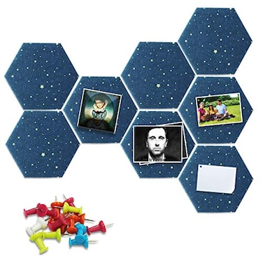 Fovasen Hexagon Felt Board Tiles Self Adhesive Wall Memo Notice Pin Board Tiles with Push Pins Star 8 Pcs