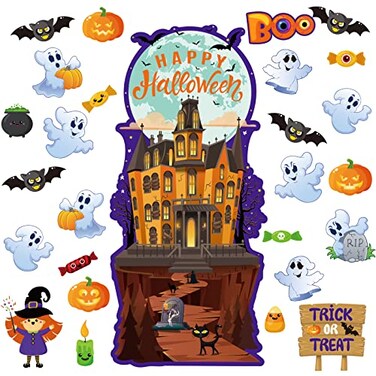 gisgfim Halloween Classroom Bulletin Board Decorations Halloween Cutouts Pumpkin Bat Witch Ghost Castle CutOuts for Holiday School Classroom Decor