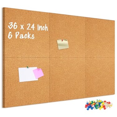 DOLLAR BOSS Cork Board Tiles 6 Packs 12 x 12 12 Thick Cork Bulletin Board Self Adhesive Corkboards for Walls with 60 Pushpins for Home Office Kitchen School Decor Display