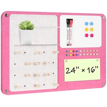 DOLLAR BOSS 3in1 Foldable Bulletin Board 16x24 Horizontal Magnetic Whiteboard with Cork Acrylic Shelves SoundAbsorbing Felt for HomeOfficeDorm Includes PinsMagnets Pink