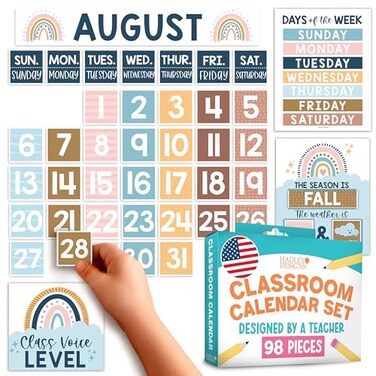 Hadley Designs Classroom Calendar Set Bulletin Board Decorations Boho School Calendar for Classroom Decor Kindergarten Preschool Elementary Teacher Must Haves Homeschool Daycare Essentials