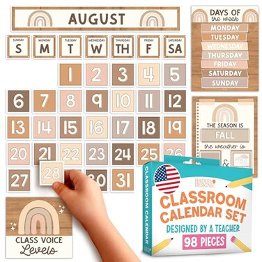 Hadley Designs Classroom Calendar Set Bulletin Board Decorations Boho School Calendar for Classroom Decor Kindergarten Preschool Elementary Teacher Must Haves Homeschool Daycare Essentials