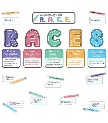 Carson Dellosa Education Carson Dellosa 37Piece Races Writing Process Bulletin Board Decorations Set Pencil Cutouts Sentence Strips and Strategy Charts ELA Classroom Decor and Teacher Supplies