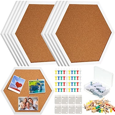 Treela 8 Pack White Cork Board with Frame for Wall 12x12 Decorative Linen Corkboard Bulletin Board with Push Pins Clips for Office Home School Supplies Hexagon