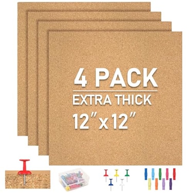 Facilife Cork Board Tiles 4 Packs Adhesive Corkboards for Wall Small Cork Board Squares Decorative for Office School Home