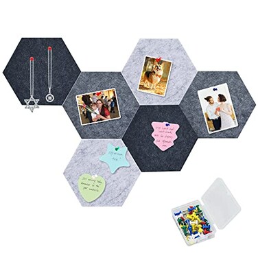 Vuzvuv 6 Pcs Hexagon Bulletin Board with 50 Pushpins Sticky Note Adhesive Cork Board for WallFelt Pin Board for SchoolOffice DecorGray